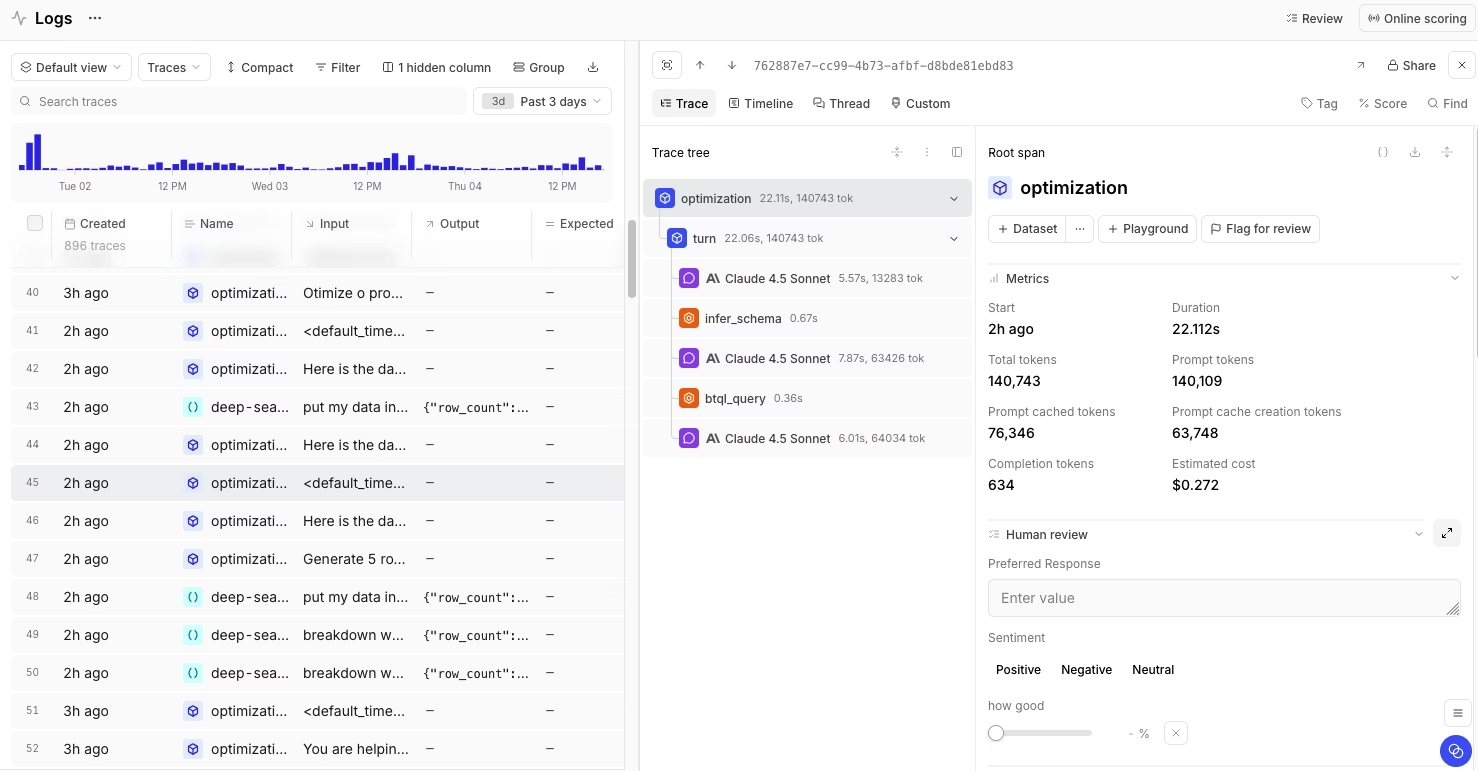 Braintrust Logs view showing classified production traces with trace tree and scoring panel