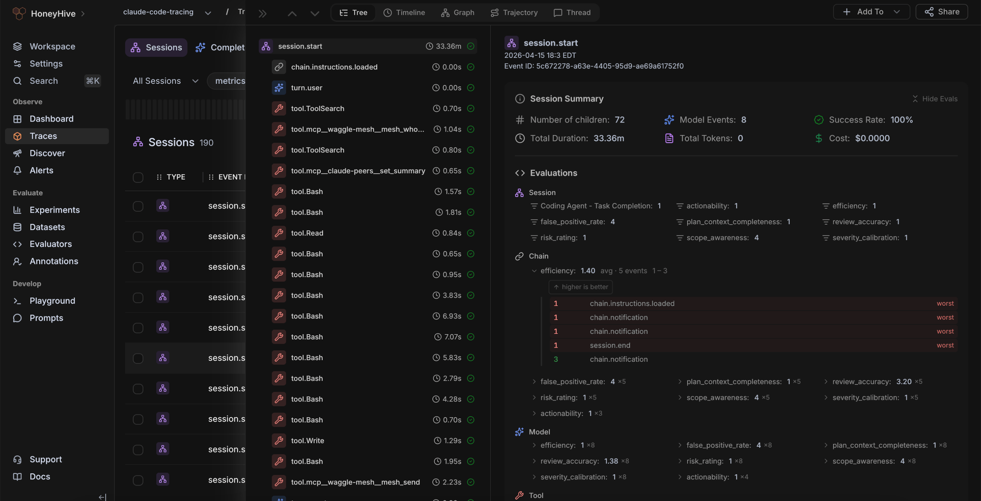 HoneyHive sessions and trajectories view with evaluation scores across agent runs